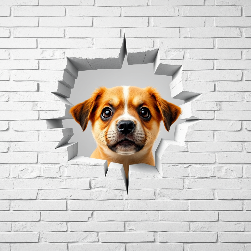 A white brick wall with a 3D fracture in the center, from which the head of a cute surprised puppy with space behind peeks out.