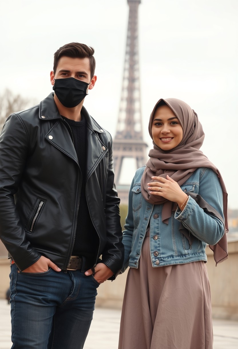 Jamie Dornan, handsome, black face mask, black leather jacket, jeans, dating, love couple with the biggest hijab Muslim girl, beautiful eyes, black face mask, jeans jacket, biggest skirt, wedding rings, Eiffel Tower, realistic, street photography.