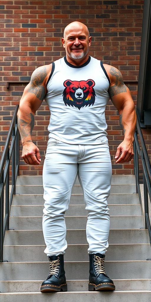 A towering, muscular 60-year-old skinhead bodybuilder stands confidently on concrete stairs, his gleaming bald head contrasting with his light skin. Clad in a striking white t-shirt with the gay bear flag logo, tattooed arms flex beneath the sleeveless fabric. Tight bleached denim trousers highlight his powerful legs, complemented by knee-high Dr. Martens boots with white laces. The rugged brick wall and metal handrails create an industrial backdrop, enhancing the imposing presence of this behemoth. - Image