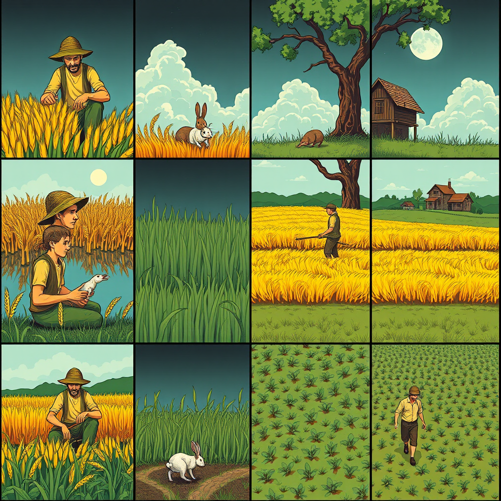 The image style is "cyberpunk," featuring an ancient farmer in a 3x3 grid. 
In the first panel, the farmer is harvesting wheat. 
In the second panel, the farmer is sitting under a tree, resting, a rabbit is rushing toward the tree. 
In the third panel, the farmer is holding a rabbit in his hand. 
In the fourth panel, the farmer is walking toward a house. 
In the fifth panel, the farmer sits under the tree. 
In the sixth panel, the farmer sighs while sitting under the tree. 
In the seventh panel, the farmer stares blankly at the sky. 
In the eighth panel, the crops have withered. 
In the ninth panel, the farmer is planting seeds in the field.