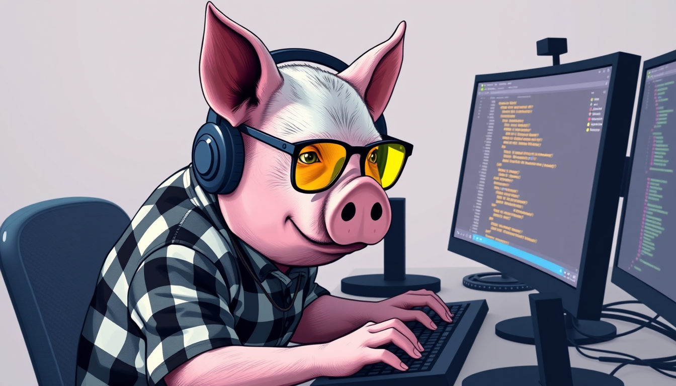 A tech-savvy pig coder, wearing yellow-tinted glasses and sleek noise-cancelling headphones, hunches over a cutting-edge multi-monitor setup. The anthropomorphic pig exudes focus, typing furiously. Dressed in a plaid t-shirt.