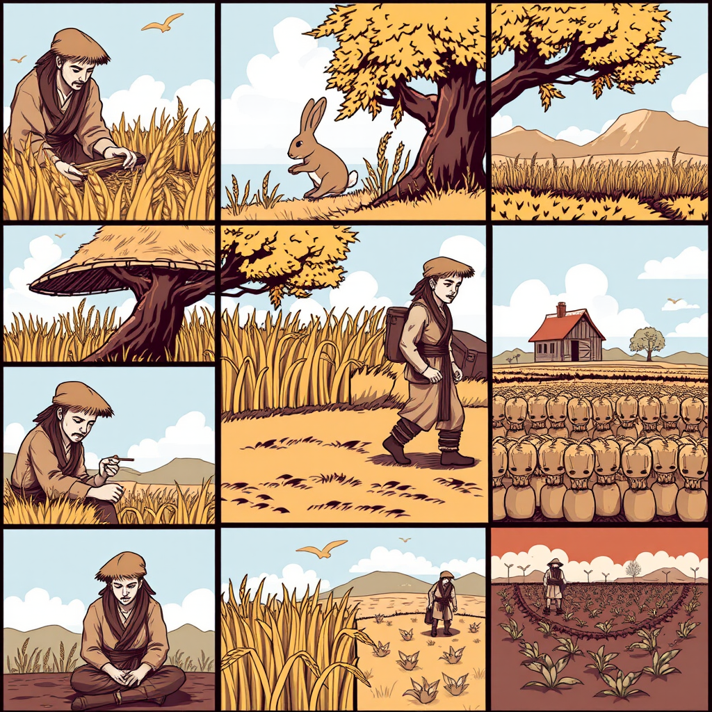 The image style is "cyberpunk," featuring an ancient farmer in a 3x3 grid. The characters in each scene will all use the same farmer, ensuring that the face shape and clothing remain consistent throughout. In the first panel, the farmer is harvesting wheat. In the second panel, the farmer is sitting under a tree, resting, a rabbit is rushing toward the tree. In the third panel, the farmer is holding a rabbit in his hand. In the fourth panel, the farmer is walking toward a house. In the fifth panel, the farmer sits under the tree. In the sixth panel, the farmer sighs while sitting under the tree. In the seventh panel, the farmer stares blankly at the sky. In the eighth panel, the crops have withered. In the ninth panel, the farmer is planting seeds in the field.