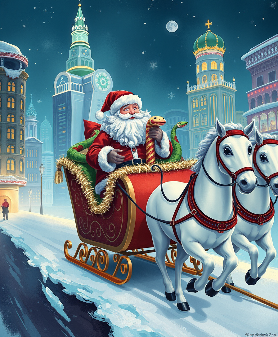 "Russian Snow Grandfather rides in a festive sleigh with a cute Christmas snake, pulled by three white horses through a futuristic city decorated with Christmas lights. Illustration by Vladimir Zarubin." - Image