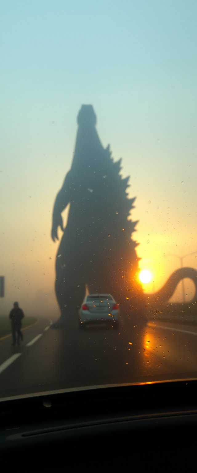 Photorealistic, lifelike, grainy, poor lighting, bad focus, shaking, rainy & foggy sunrise, dense fog, humongous 100m high Godzilla visible on the horizon, charging its blue attack, amateur photo from behind the wheel, dirty and scratched windshield, amateur photo taken with smartphone, very distant view, poor quality, barely visible, captured accidentally by smartphone camera out of focus, movement blur, low quality. - Image