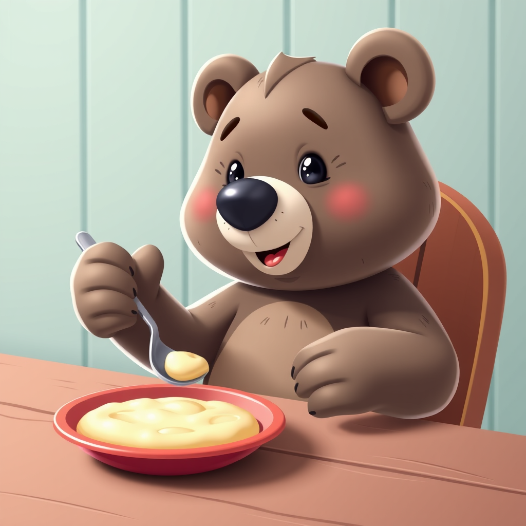 Cute cartoon bear sitting at a table and eating porridge from a plate, holding a spoon in his paw. 3D cartoon style.