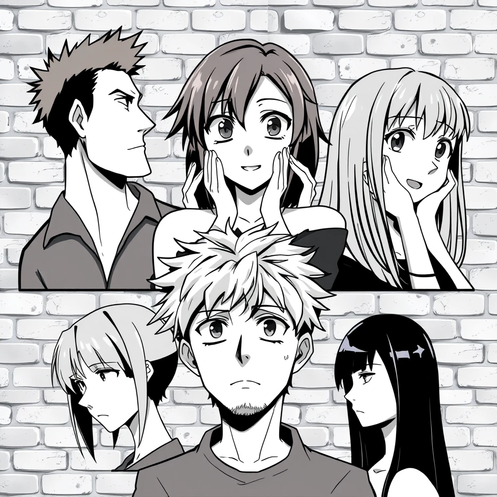 Anime-style black and white collage of five characters against a brick wall background. Top-left: man with short, spiky brown hair facing right, stern expression. Top-right: woman with long straight brown hair facing left, surprised expression with hands on cheeks. Bottom-left: woman with very curly blonde hair facing right, cheerful expression with one hand near her face. Center: bearded man with short, messy hair facing forward, serious expression. Bottom-right: woman with long dark hair facing left, profile view, neutral expression. All characters are close-up headshots. Characters arranged in asymmetrical composition filling the frame. Detailed anime eyes and features, sharp line work.