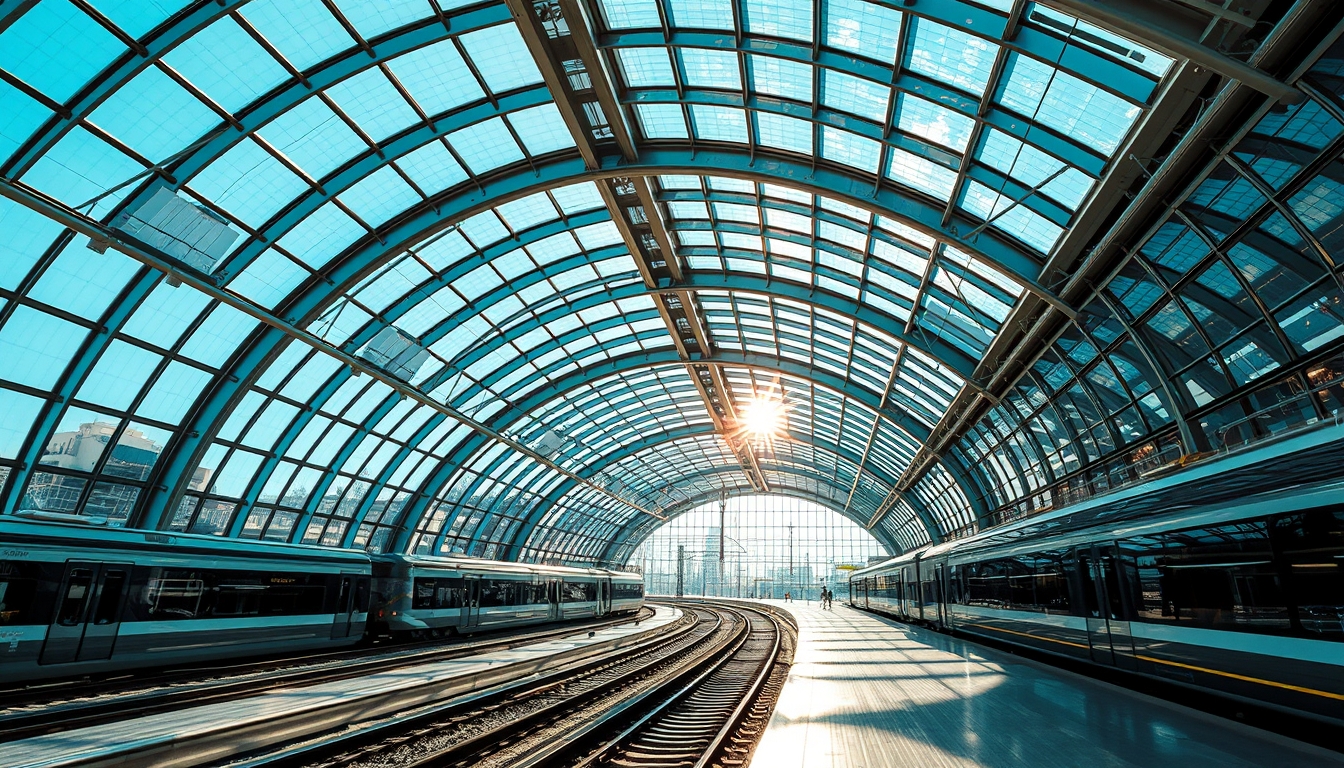 A futuristic train station with glass ceilings and walls, sunlight streaming in.