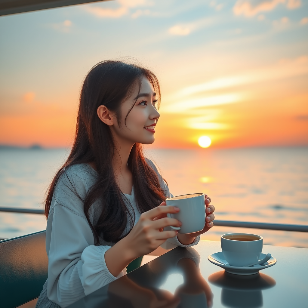 ☕ **Sunset Coffee**: "Korean young woman at seaside café, aromatic coffee, watching sunset, sea and sky merging, tranquility, photorealistic style."