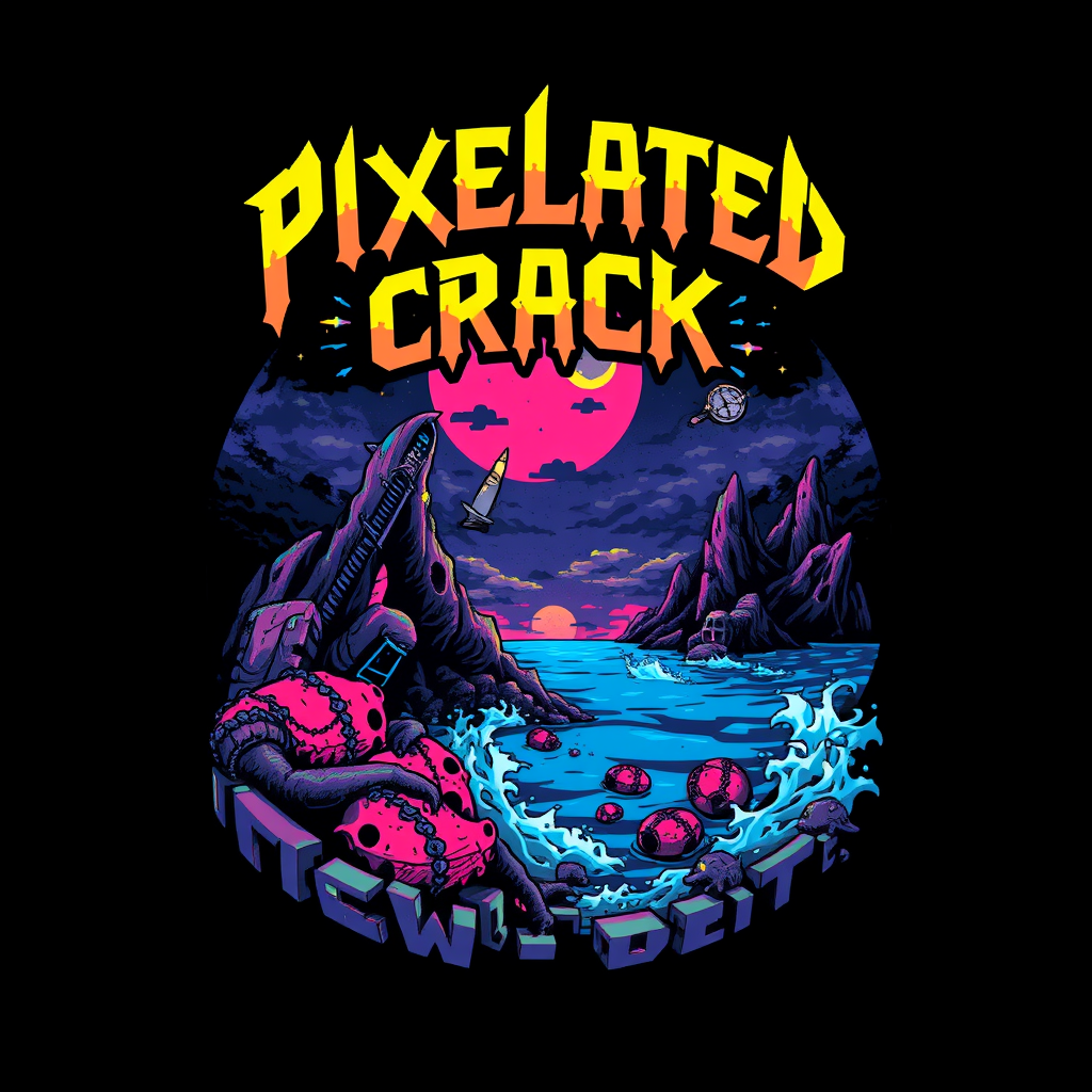 Tee shirt design featuring a blocky, colorful 8-bit style of death metal blended with chiptune. The visual should be unique and striking, combining macabre elements with beauty. The band name is "Pixelated Crack," with a scene inspired by the deep sea.