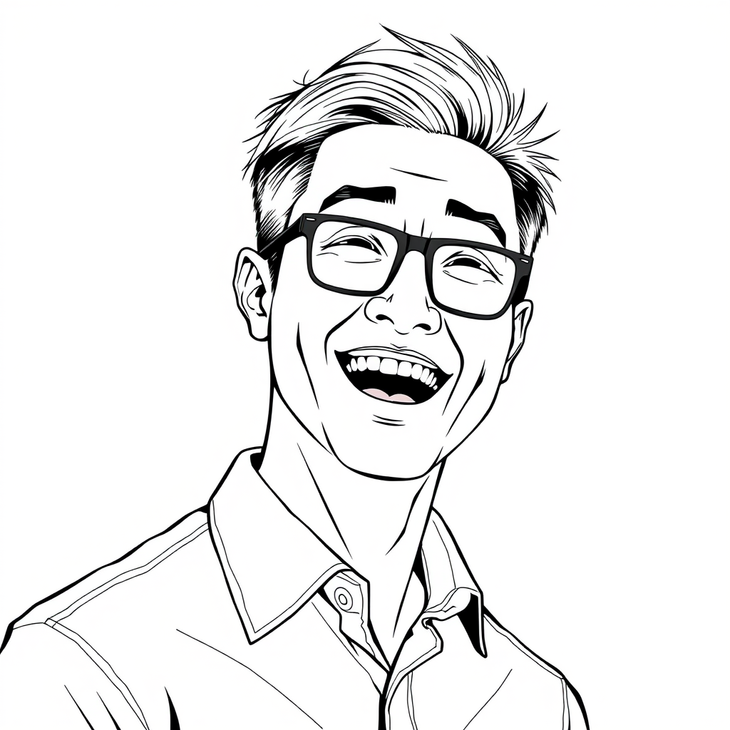 A cool black and white line drawing of a man around 35 years old, with short hair, Asian descent, wearing black rimmed glasses for nearsightedness, a shirt, a full-featured face with definition, a strong physique, clean and fresh skin, laughing heartily with joy after winning. - Image