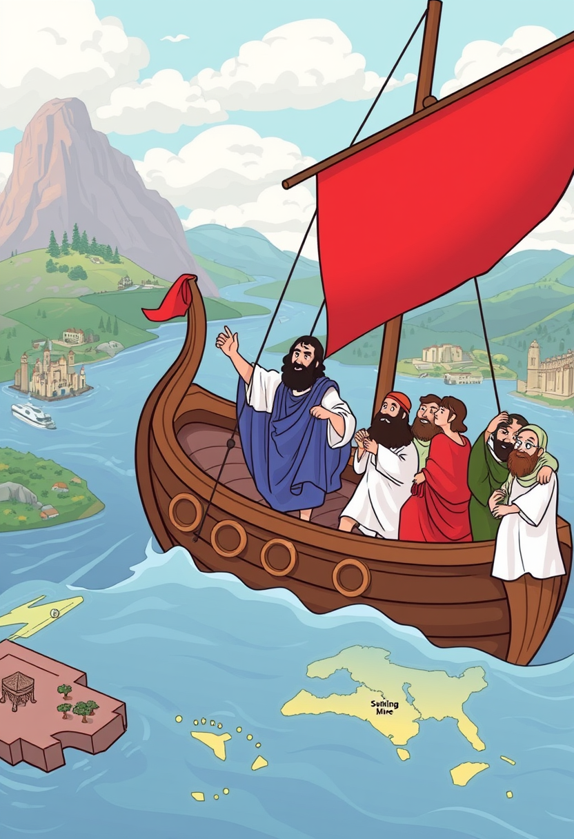 Illustrate Paul traveling by ship, preaching to people in different cities, with maps and various landscapes in the background.