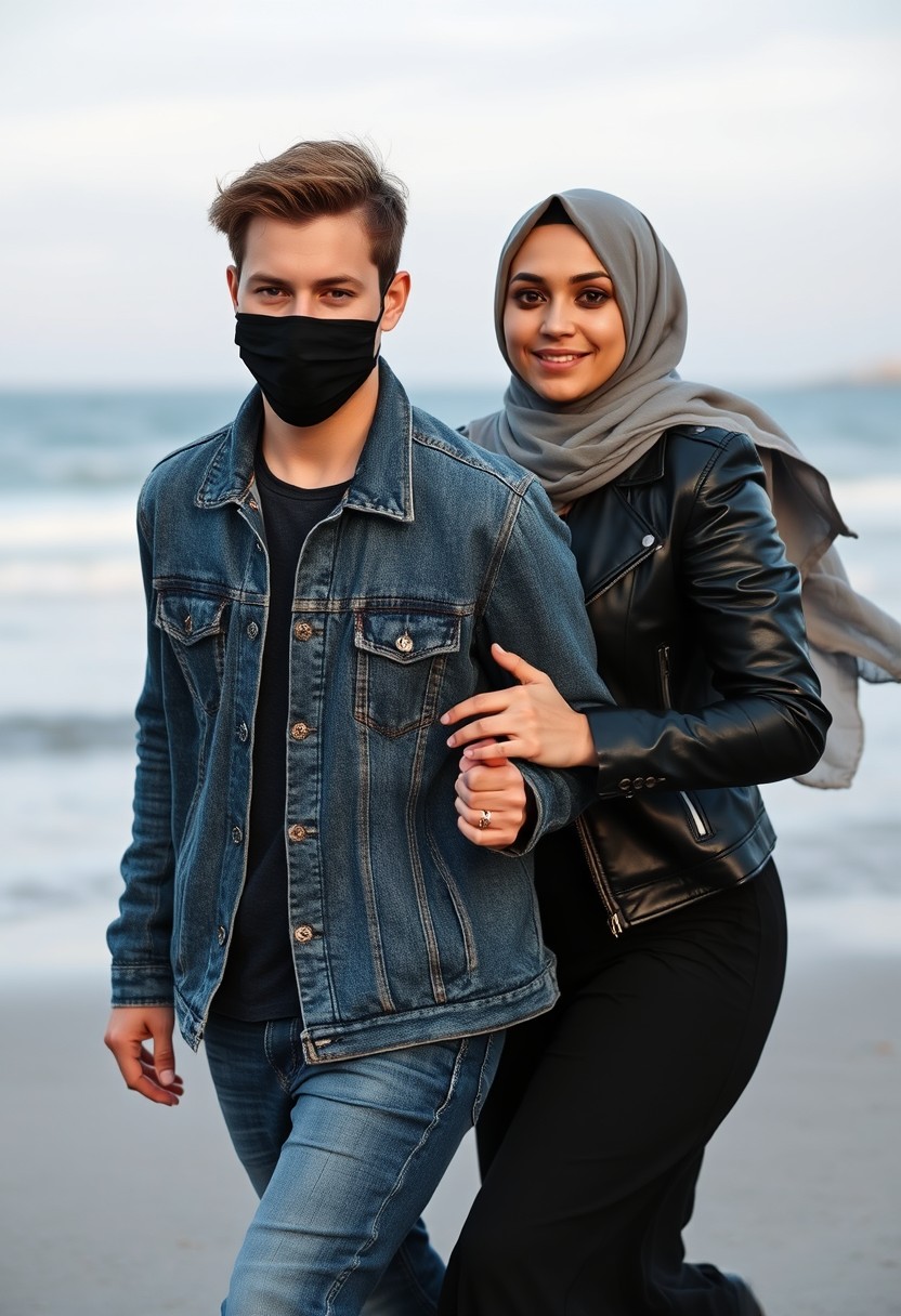 Jamie Dornan's head and body shot, handsome, face mask black, jeans jacket, jeans, dating, love couple, with the biggest grey hijab Muslim girl, face mask black, beautiful eyes, black leather jacket, biggest skirt, running happy together at the beach, hyper-realistic, street photography.