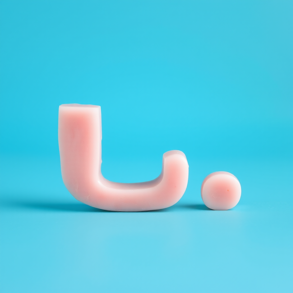 A letter "J" made of pink soap, blue background, realistic photograph - Image