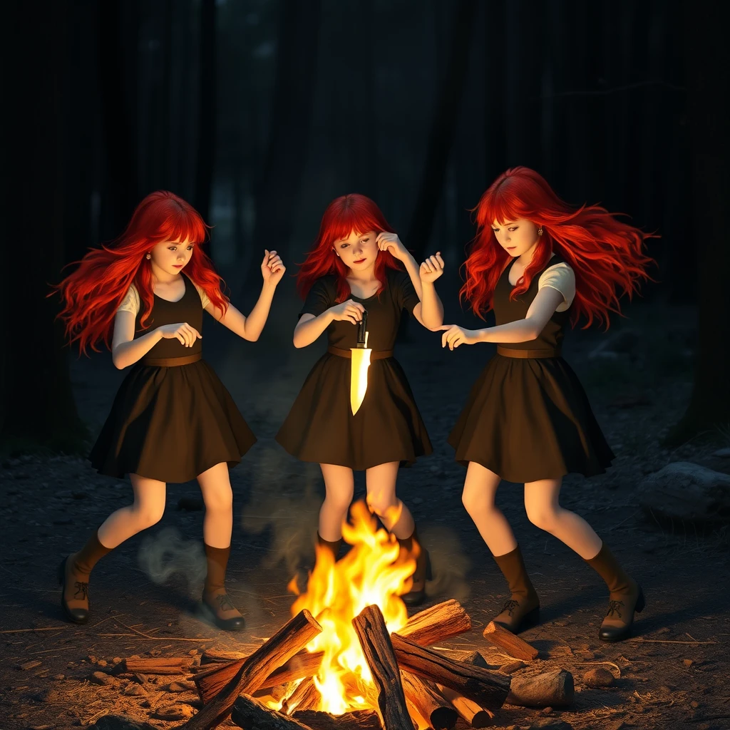 3 Red-haired girls, dancing around a campfire, holding a blurred knife in their hands, full body shot, realistic photo.