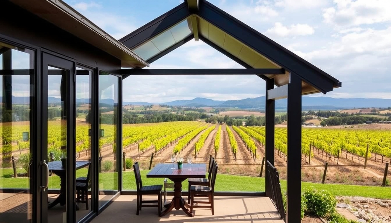 A picturesque vineyard with a glass-walled tasting room overlooking the grapevines.