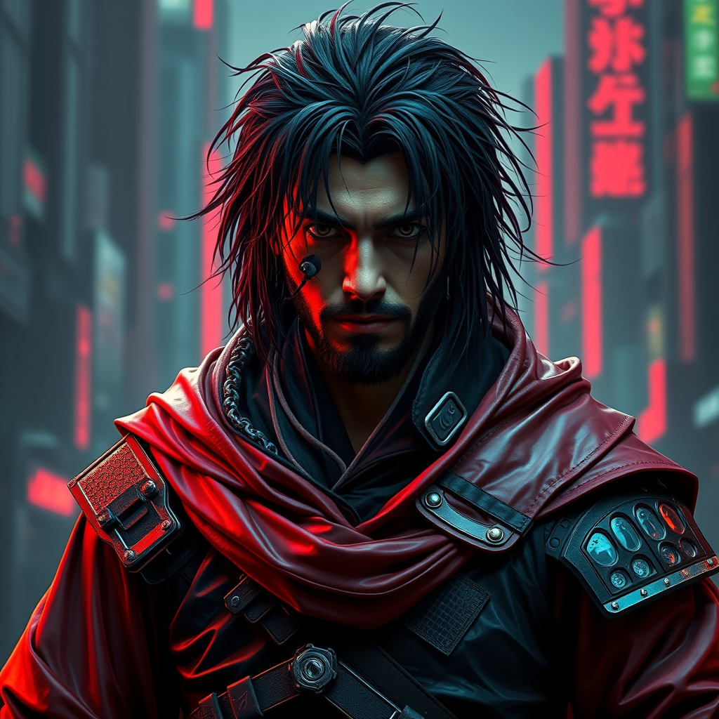 Cyber Samurai style of male warrior with rugged black hair and cybernetic implants | merging leather garments with futuristic cyberpunk elements | flowing robes and high-tech armor plating | dystopian cityscape background | in deep red and neon green. hyper-real, 8k, ar