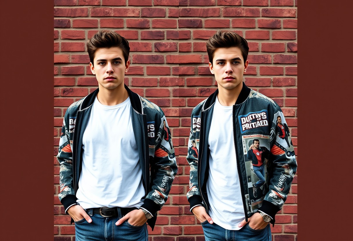 Freddie Prinze head and body shot, handsome, young, serious face, white T-shirt, collage jacket, jeans, sneakers, hyper-realistic, street photography, brick wall, full body photography.