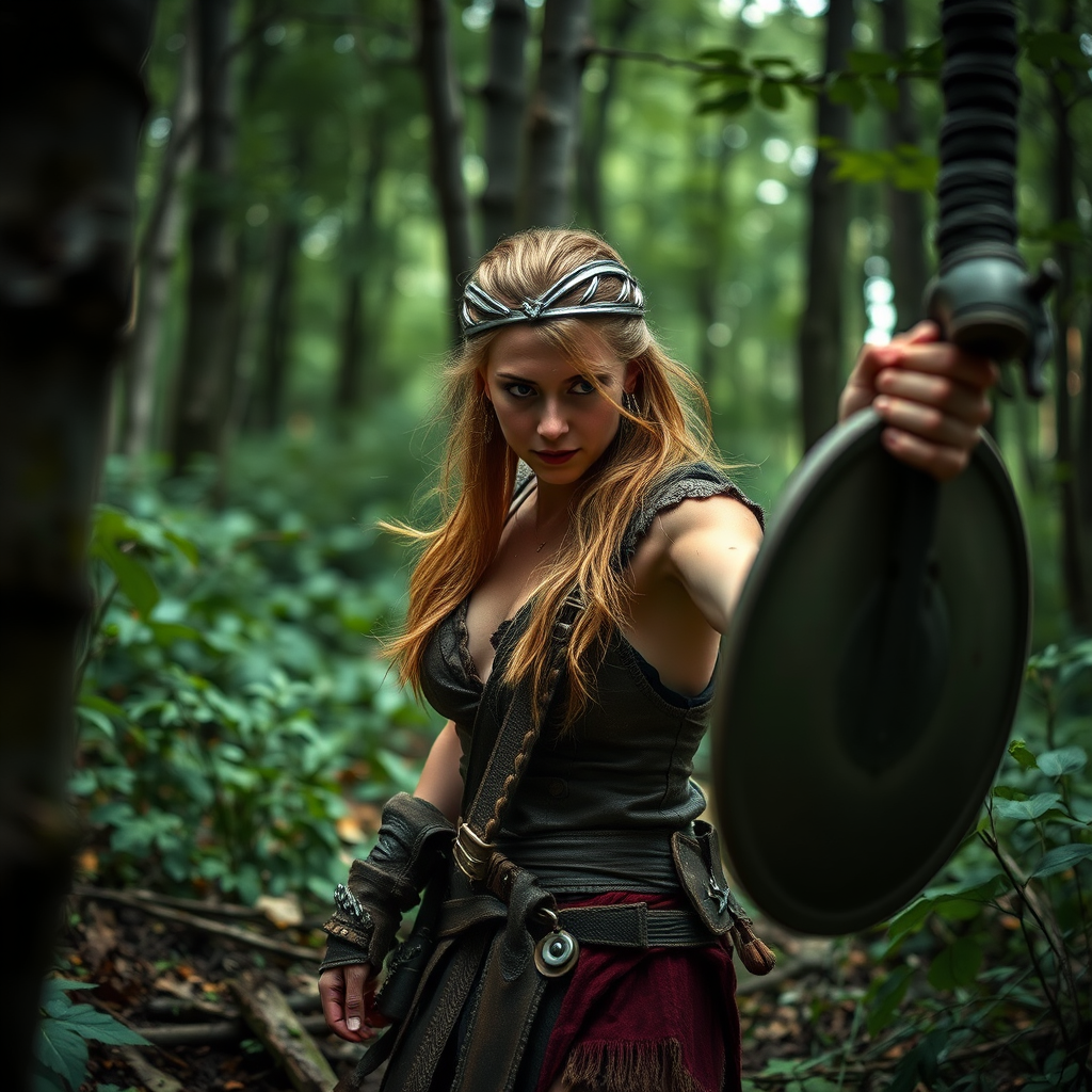 Real-life photography: In the forest, a female barbarian encounters danger. - Image