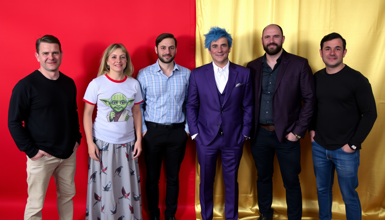 Five men are standing together against a backdrop that is divided equally in half down the middle. The left side is red, and the right side is gold. A woman is wearing a t-shirt with a Yoda motif and has a long skirt with birds on it. One of the men is wearing a three-piece purple suit and has spiky blue hair. - Image