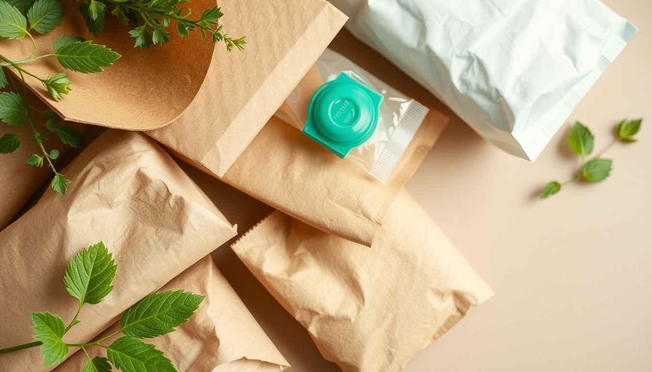 A detailed close-up of sustainable packaging materials, including cardboard, paper, and biodegradable plastics, arranged aesthetically on a neutral background.