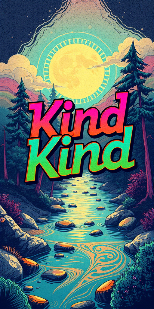 Positive and Vibrant illustration featuring a bold, 70's style graphic and spiritual themes, set against a backdrop of nature-inspired textures, trees, river, with the phrase "Be Kind" emblazoned in 3D, intricate, swirling patterns, with a predominantly pastel colors, moody color palette punctuated by flashes of neon orange, pinks, green, electric blues, and sunshine yellows, evoking a sense of peace, spiritual awakening, and empowerment.