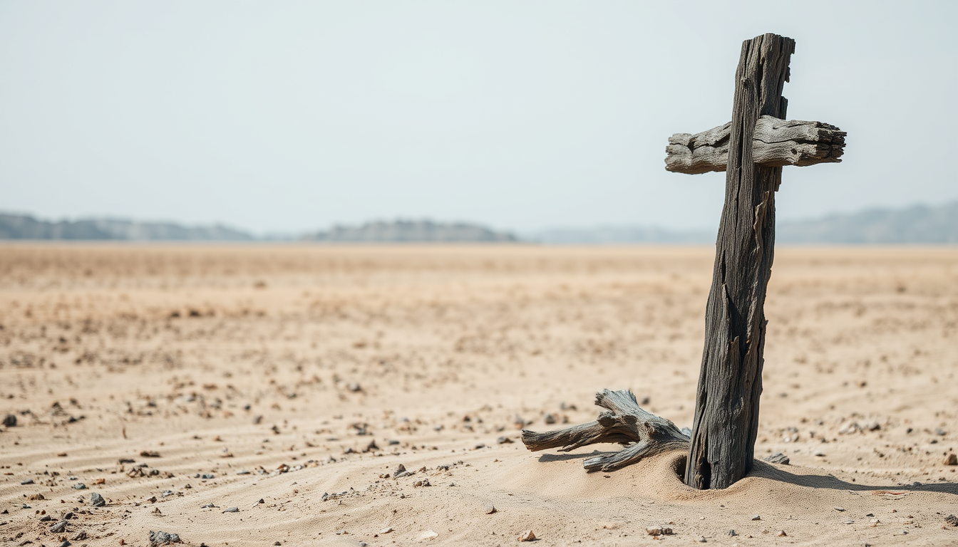 An old wooden cross in the middle of a barren desert. The cross is standing upright on the right side of the image. The cross is made of badly rotten and crumbly dark wood. The edges of the wood are jagged and uneven, with some areas of the bark appearing to be chipped and peeling off. The overall scene is desolate. - Image