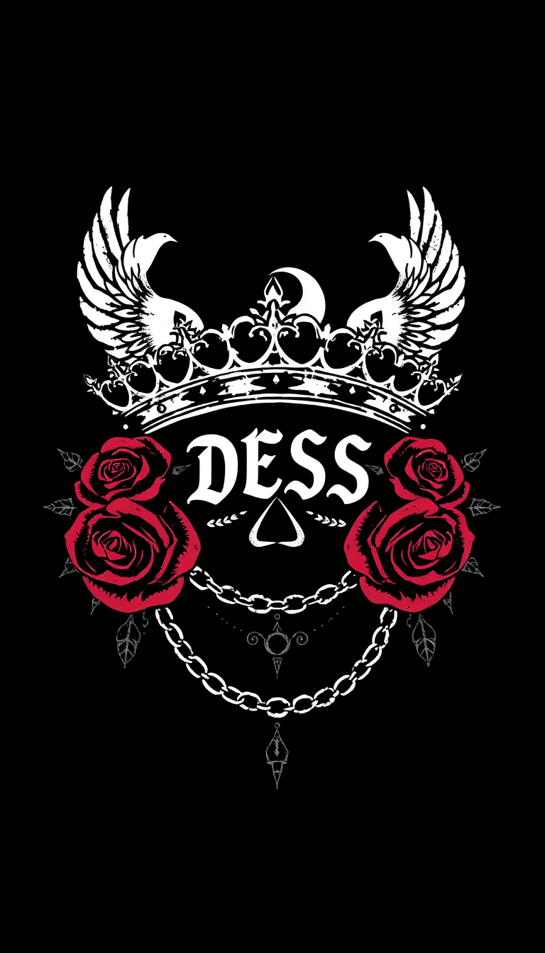 STENCIL INK ART, DOVE crowns, roses chains, and dark, moody colors. -black and white, SOLID COLOR GRAPHIC PRINT, "CESS" BRAND, black background, trap music style CENTER PNG ART.