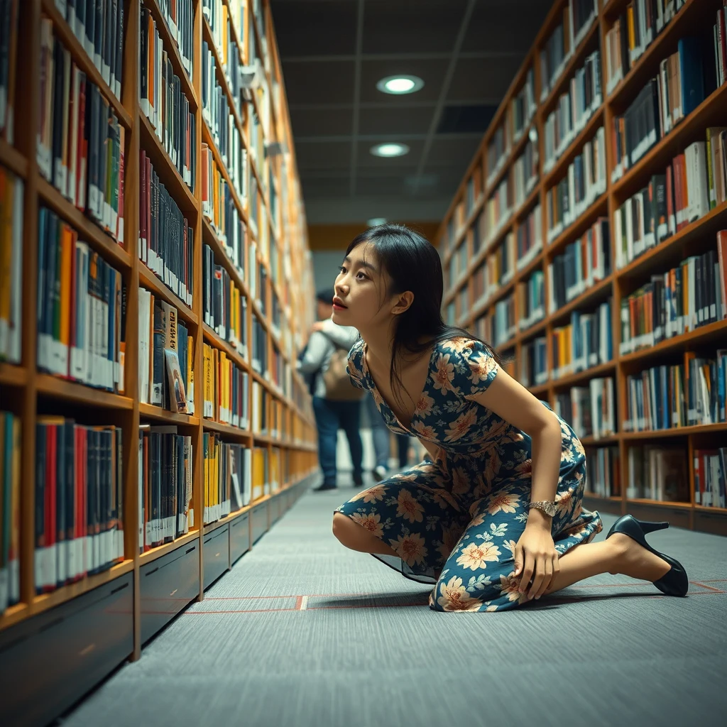 In the library, there is a young Japanese woman wearing a floral dress and black high heels (with white skin) who is crawling on the floor, reaching her head into the bookshelf to look for books. There are many people in the library.