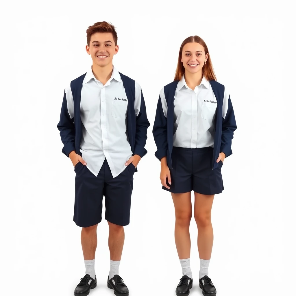 Two students are standing independently, smiling happy faces of two Australian students from St Andrews College, 14 years old, wearing a white shirt uniform and navy shorts in a conservative style, the school's uniform, black shoes, and white socks, no jacket. The young man's sharp features and the young woman's kind gaze exude intelligence and determination, with their hands out of the jacket, they stand facing the photographer. The background is plain and neutral, keeping the focus on the subjects, realistic, high-quality, full-body, and sharply detailed, photographed by a Sony A7A1 with a 16mm lens, 8k. - Image