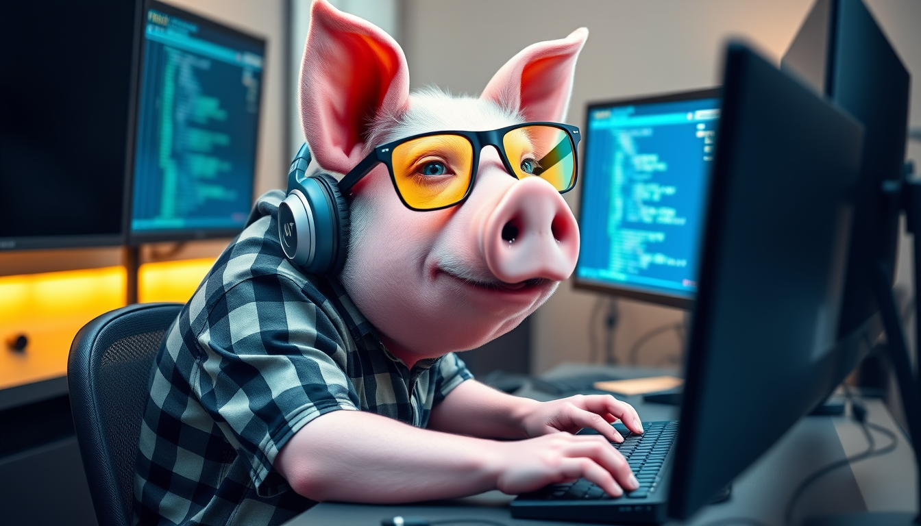 A tech-savvy pig coder, wearing yellow-tinted glasses and sleek noise-cancelling headphones, hunches over a cutting-edge multi-monitor setup. The anthropomorphic pig exudes focus, typing furiously. Dressed in a plaid t-shirt.