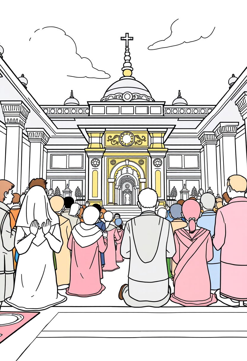 Illustrate people of different ages and backgrounds praying in a grand temple, with a sense of reverence and peace. a coloring book page, cartoon style, thick lines, low details, no shading. - Image