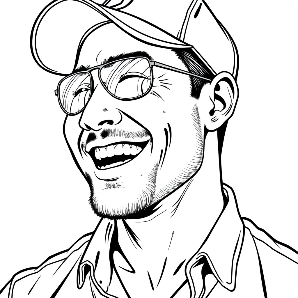 "A cool black and white line drawing of a half-body portrait of a 35-year-old man, wearing a baseball cap, an Asian man, with aviator sunglasses, a little bit of stubble, a tough guy, in a shirt, with a full and well-defined face, robust physique, clean and fresh skin, laughing heartily after winning a victory." - Image