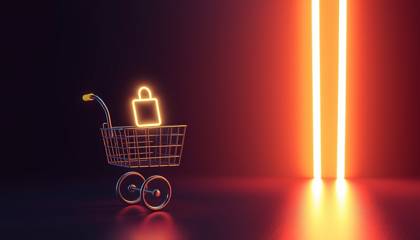 sharp 3D render of a neon online shopping and free delivery concept against a dynamic neon light