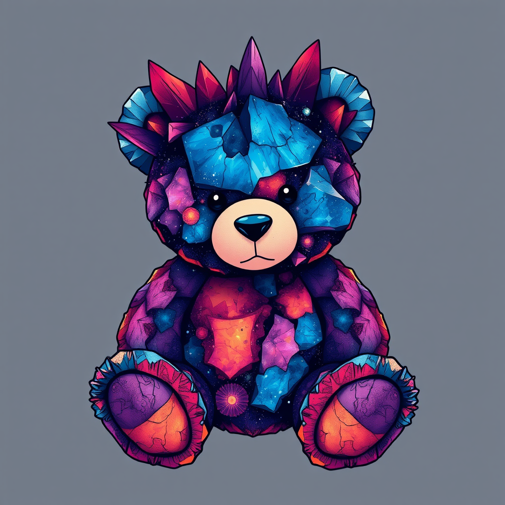 A tee shirt design of a teddy bear whose entire body, ears, and head are perfectly made of a beautiful jagged mineral that looks reminiscent of the universe with uneven colorful shards sticking out. Striking and beautiful, with deep blues and purples contrasting with vibrant reds and orange.