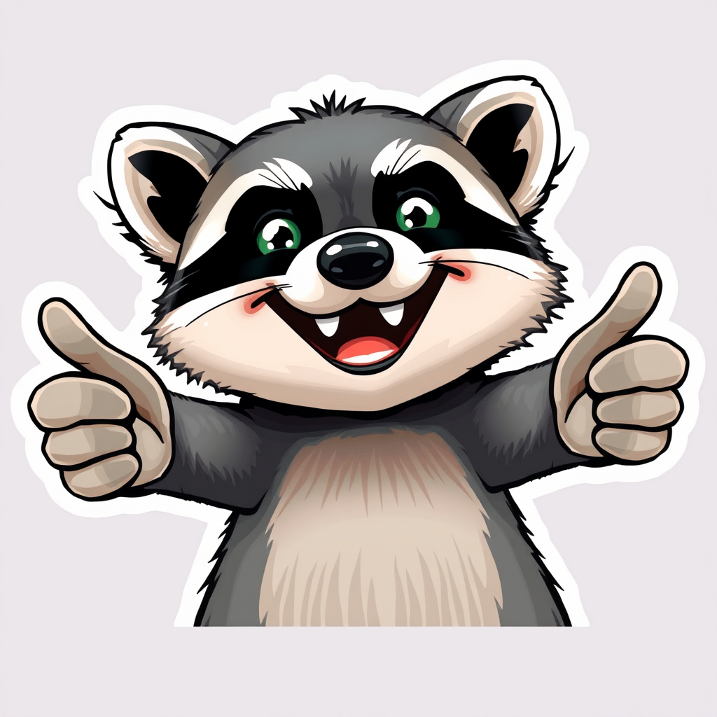 A raccoon with a big smile, its eyes sparkling with joy. It is giving two big thumbs up, as if saying "Everything is great!" This sticker can be used to express approval or good mood. - Image