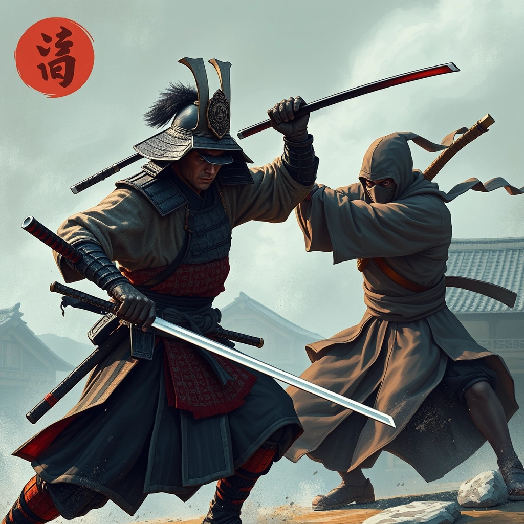 A samurai from the Feudal Period of Japan fighting a ninja from a hidden village. - Image