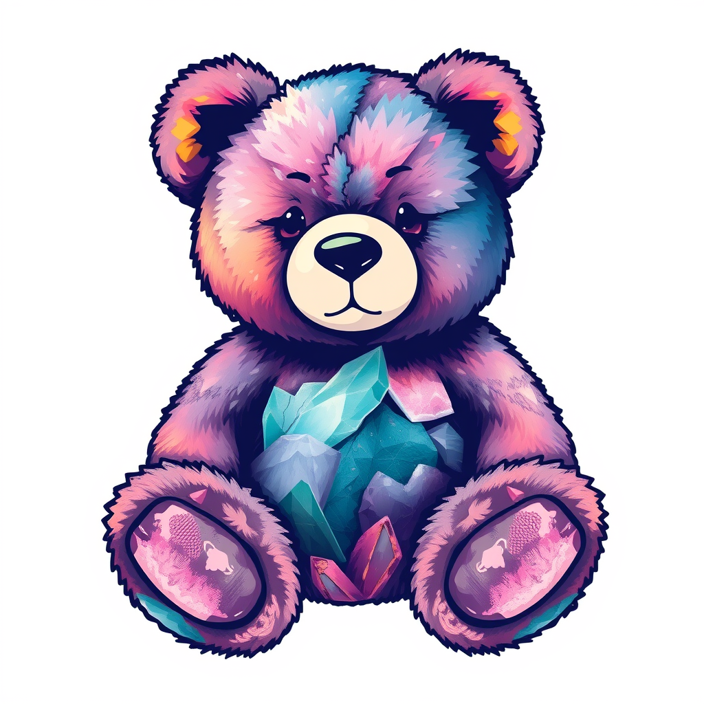 A tee shirt design of a teddy bear whose entire body, ears, and head are perfectly blended with a beautiful mineral. Striking and beautiful digital strokes.