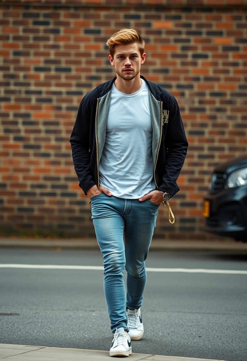 Jamie Dornan head and body shot, handsome, young, serious face, white t-shirt, college jacket, skinny jeans, sneakers, walking in a stylish manner, near the road, hyper-realistic, street photography, brick wall, full body photo.