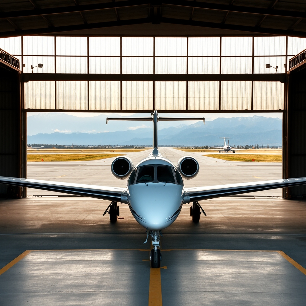 Private jet parked inside a hangar with a view of the runway and mountains in the distance.