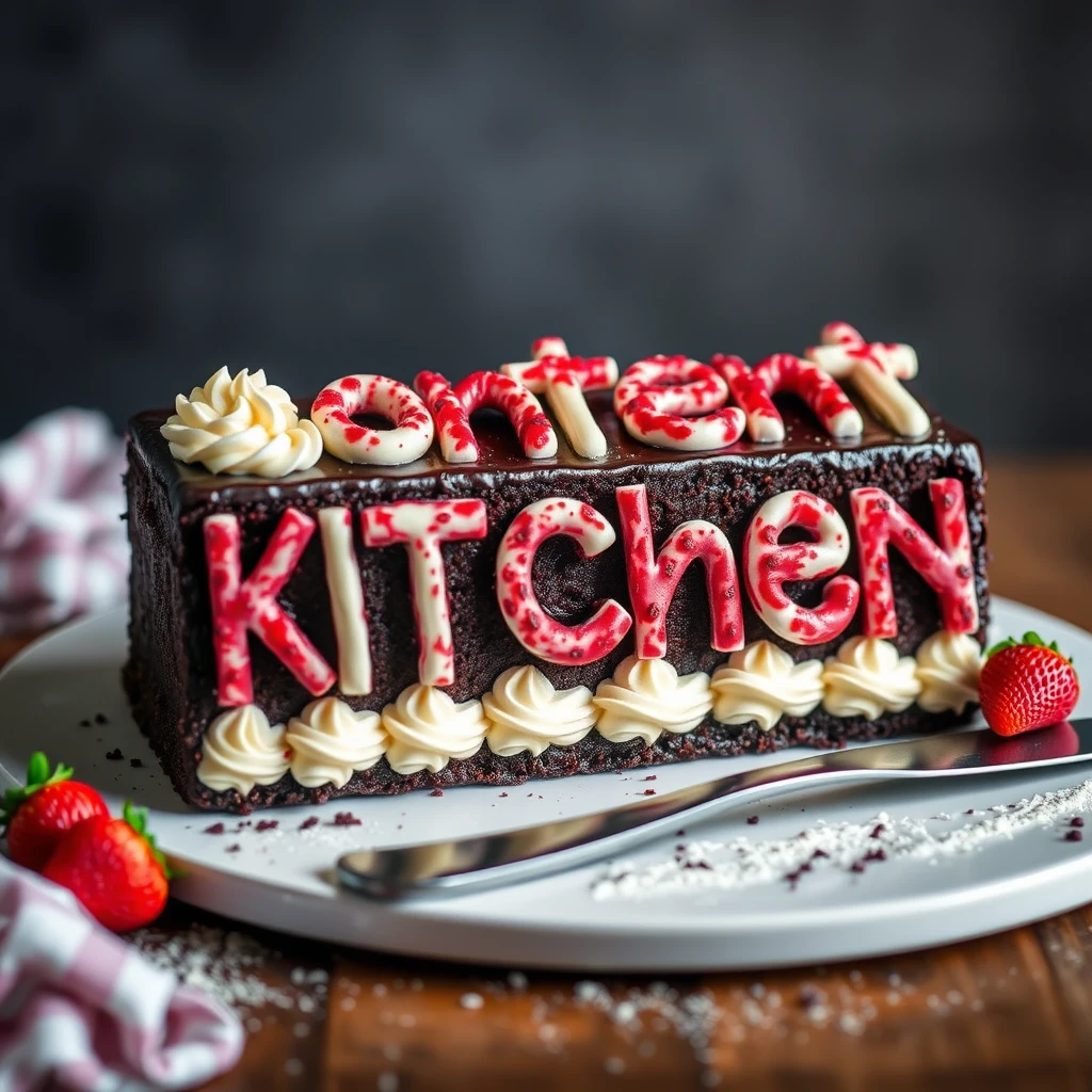 black forest gateau cake spelling out the words “Content Kitchen”, tasty, food photography, dynamic shot