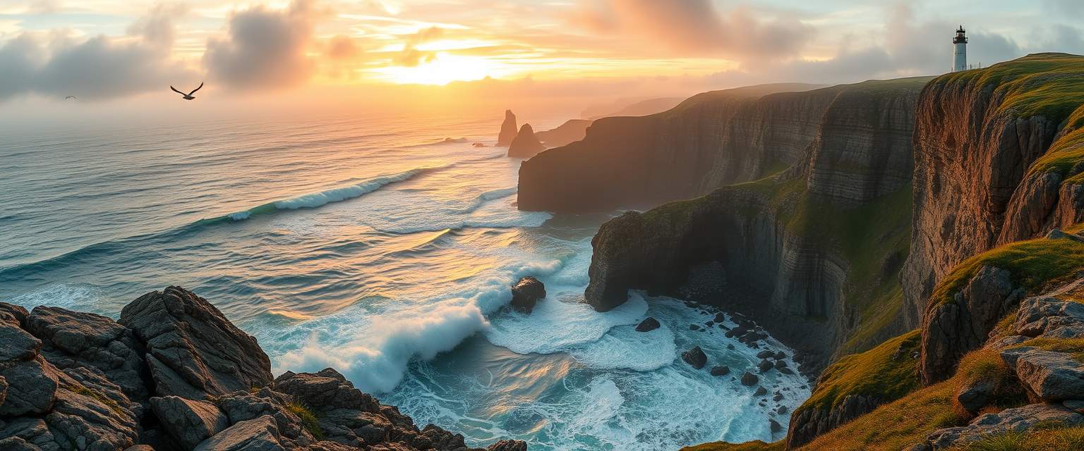 Awe-inspiring, rugged coastline, rocky cliffs, crashing waves, high quality, photorealistic, dramatic, wild, seagulls, stormy, panoramic, breathtaking::1.2 tide pools, sea stacks, hidden caves, coastal hiking trails, lighthouse, mist, vibrant sunset. - Image