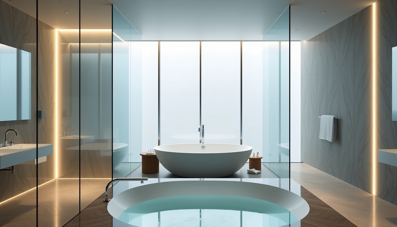 A sleek modern bathroom with glass walls and a luxurious soaking tub.