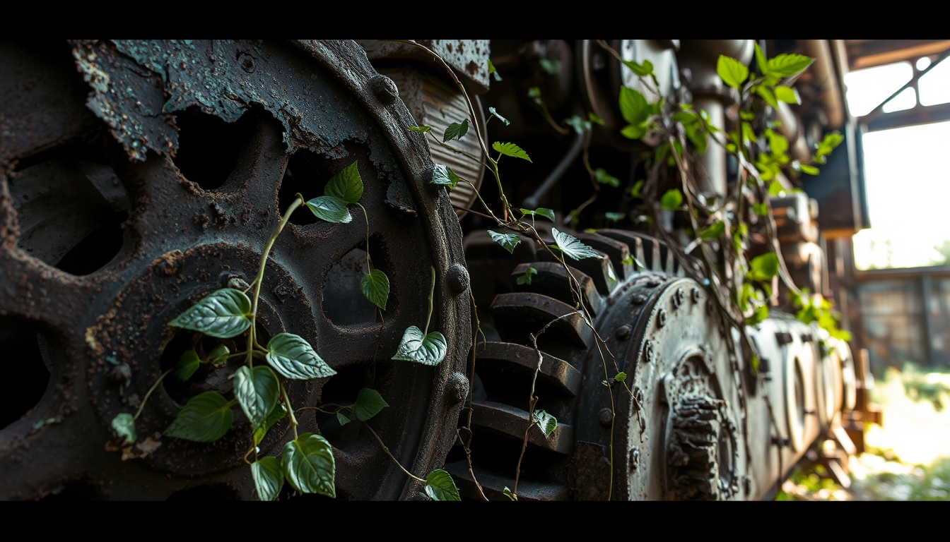 A detailed view of abandoned industrial machinery being reclaimed by nature. Flaking rust patterns, vines weaving through gears, peeling paint, textures of metal and decay, shafts of light highlighting textures, extreme close-up, gritty, atmospheric light.