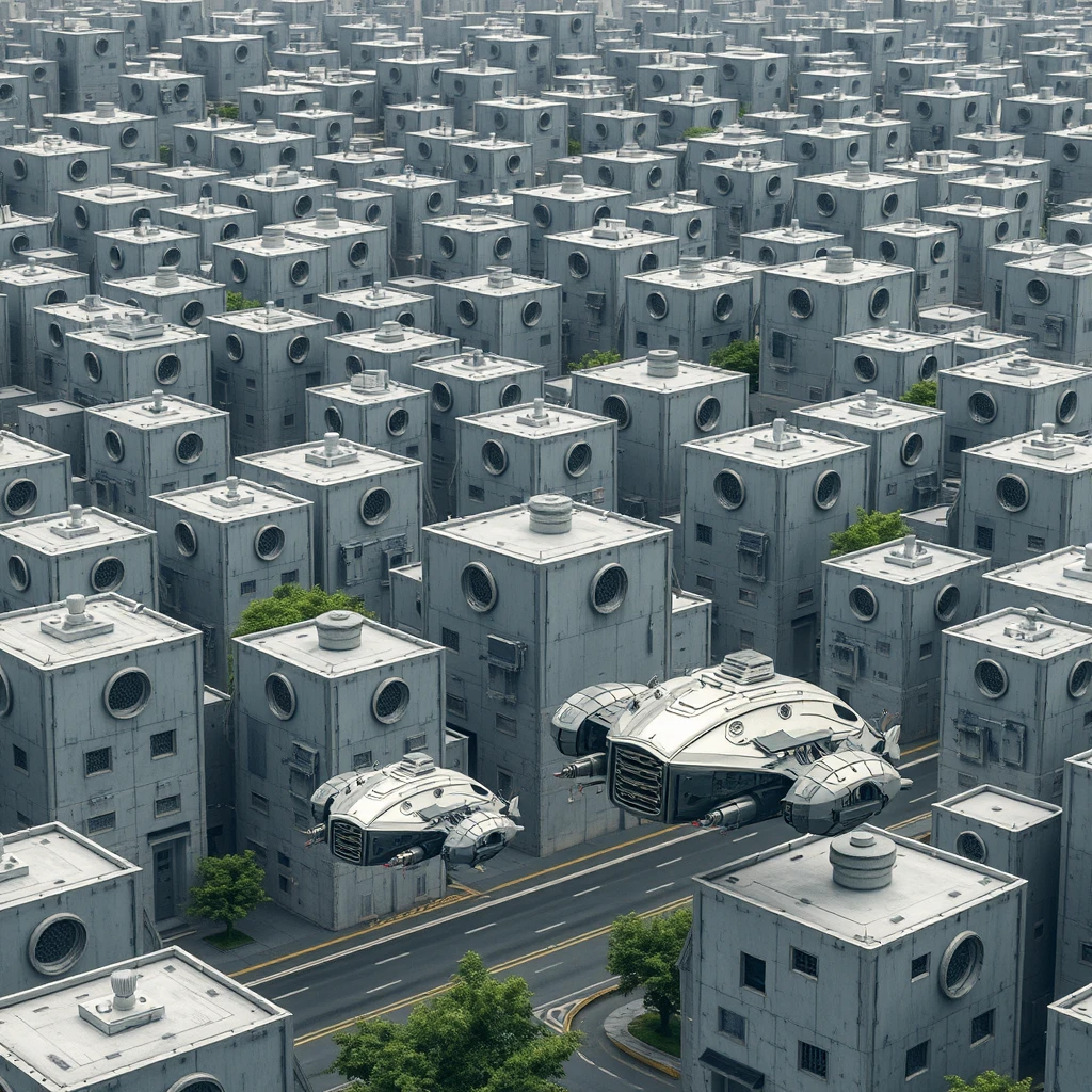 A town where all buildings are grey cubes with circular windows, flying metal armor cars.