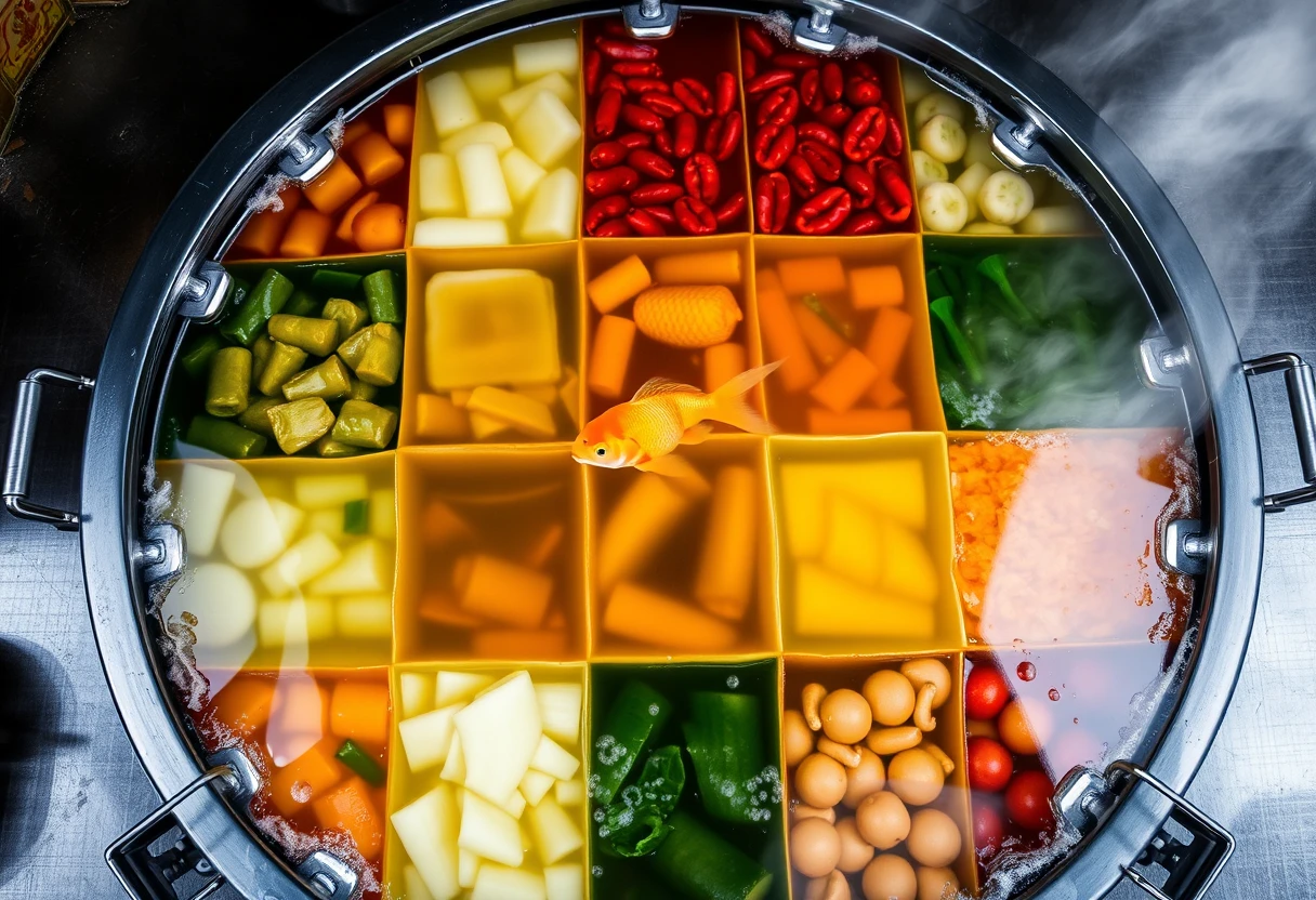 A large round hot pot shaped like a nine-grid square, each section in a different color, with boiling water inside cooking various ingredients. Only the center section has a goldfish swimming in clear water. Viewed from a 45-degree angle above.