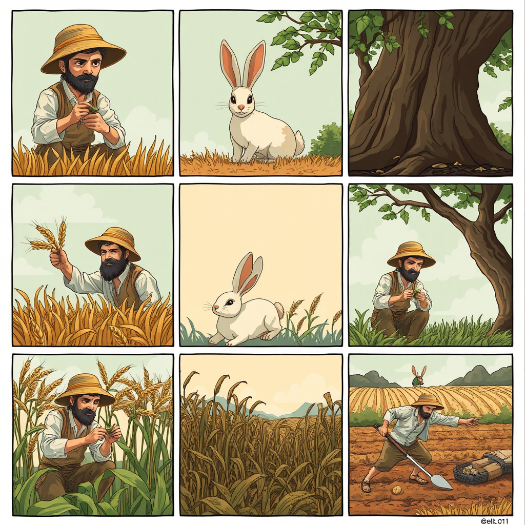 The image style is "cyberpunk," featuring an ancient farmer in a nine cell. 
The characters in each scene will all use the same farmer, ensuring that the face shape and clothing remain consistent throughout.
cell one is The farmer is harvesting wheat.
cell two is The farmer is sitting under a tree, and a rabbit is rushing.
cell three is The rabbit is lying on its back with its face up.
cell four is The farmer is running and the rabbit is in his hand.
cell five is The farmer sighs while sitting under the tree.
cell six is The farmer is eating.
cell seven is The crops have withered.
cell eight is The farmer is planting seeds in the field.
cell nine is Everything is gone. - Image