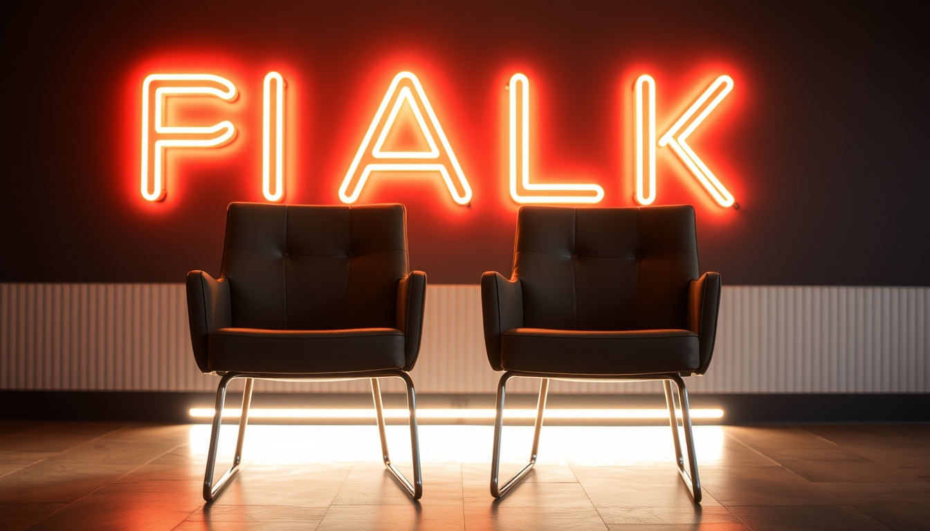 Two chairs are sitting in front of a wall with neon lights. - Image