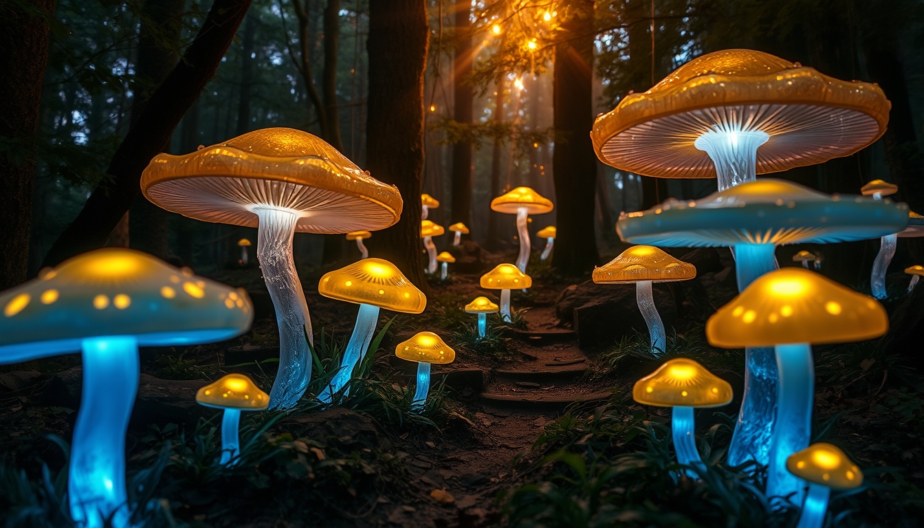 A magical forest with glowing glass mushrooms scattered around. - Image