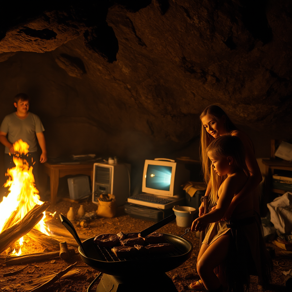 Real-life photography: At night, in the cave, there is a female barbarian and a child grilling meat. The cave is very large, with a bonfire, a 90s desktop computer, and some messy household items.