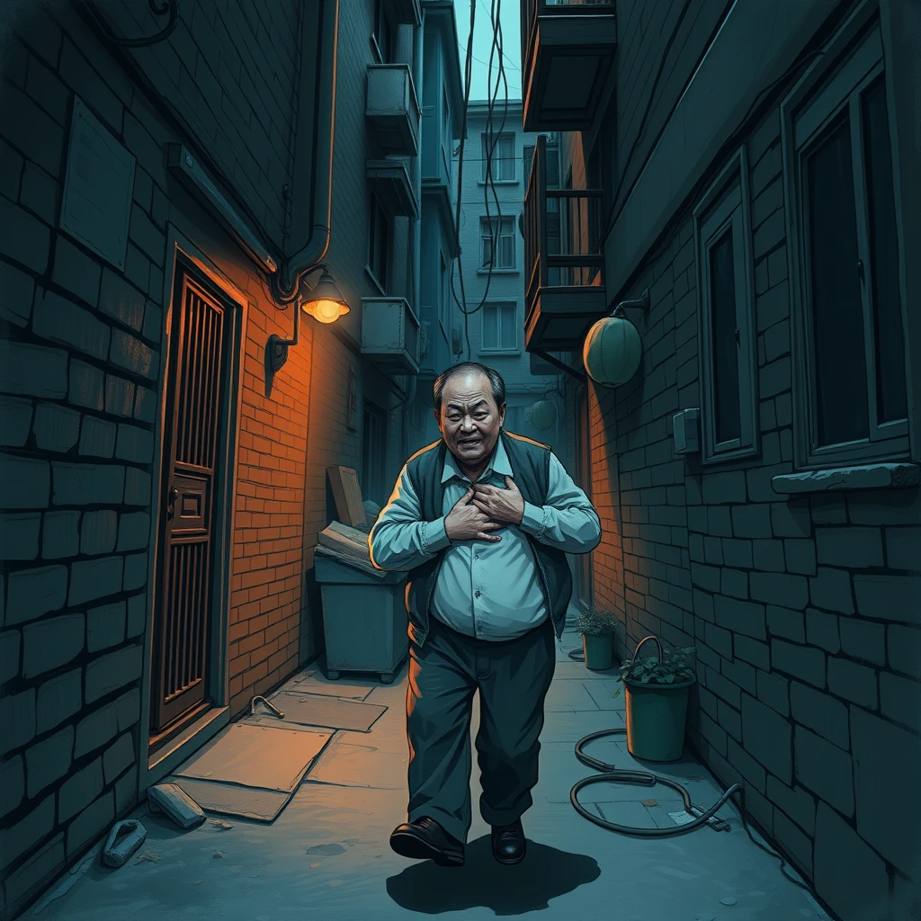 In the dark and narrow alley of the old-fashioned residential building, Li Hanxiao, who suffered from a heart disease, clutched his chest painfully and stumbled away. - Image